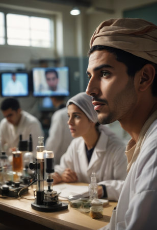 A diverse group of students attentively listening in a classroom, engaged in learning activities.の素材