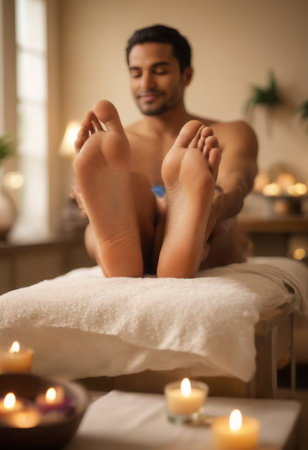 A person receiving a relaxing foot massage therapy at a spa with a peaceful atmosphere.の素材