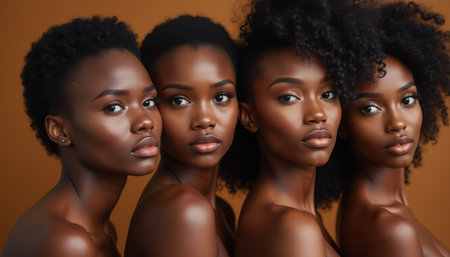 A group of four women with different natural hairstyles stand together in a close-up portrait, highlighting beauty, diversity, and natural hair. The image is bold and empowering.の素材