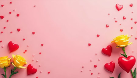 A romantic scene with red and yellow flowers and heart decorations scattered across a soft pink background, symbolizing love and affection. The image is delicate and warm.の素材