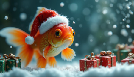A festive goldfish wearing a Santa hat swims near Christmas gifts, creating a playful and whimsical holiday scene. The image is cheerful and fun.の素材