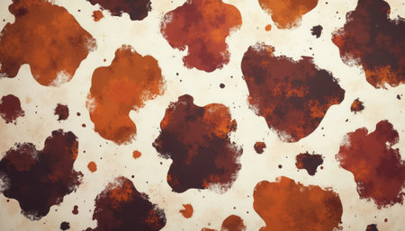 Abstract brown and orange watercolor spots are scattered across a white paper, creating a pattern of artistic splashes and natural earthy tones.の素材