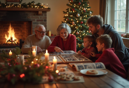 A family gathered around a cozy fireplace, flipping through a photo album during the Christmas holiday. The scene highlights warmth, family bonding, and holiday traditions.の素材