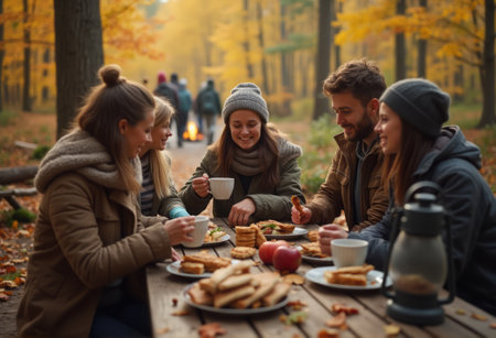 A group of friends sharing a meal together during an autumn picnic in the woods, surrounded by colorful fall leaves. The scene emphasizes friendship, food, and enjoying nature in the crisp fall air.の素材