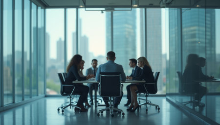 A group of professionals having a discussion in a glass-walled office with a city view in the background. The scene emphasizes teamwork, collaboration, and a productive work environment.の素材