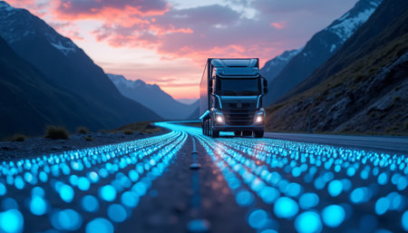 A modern electric truck driving on a glowing smart road illuminated with blue lights in a mountain landscape at dusk. The scene highlights innovation in transportation and green technology.の素材