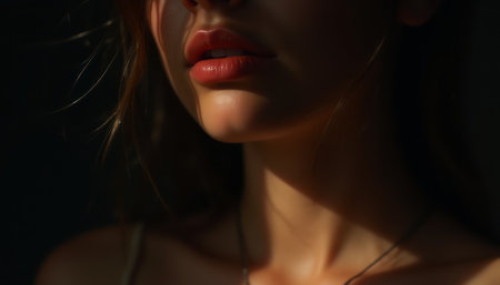 A close-up of a womans face partially covered in shadow, highlighting her lips and skin texture with gentle lighting. The scene captures a sense of mystery and subtle beauty.の素材