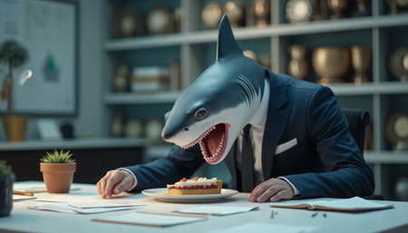 A businessman wearing a shark mask, sitting at a desk in a modern office, adding a humorous twist to a professional setting. The image highlights creativity and a playful approach to work.の素材