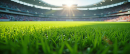 A bright green soccer field in an empty stadium is illuminated by sunlight, with rows of empty seats in the background. The scene is calm and anticipates the excitement of a future game.の素材