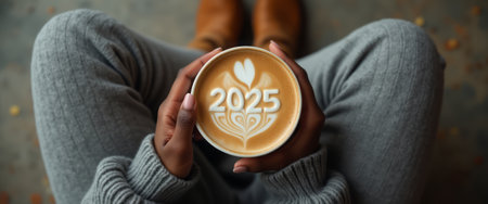 A top-down view of a coffee cup with the year 2025 written in the foam, held by someone sitting cross-legged. The image conveys warmth, relaxation, and looking forward.の素材