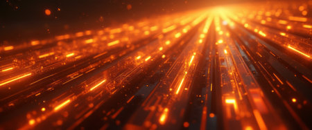 A dynamic scene with streaks of glowing orange lights moving forward in a blurred motion. The image represents speed, energy, and futuristic technology.の素材
