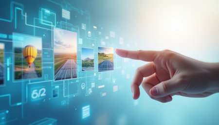 A close-up of a hand selecting images from a virtual media interface, symbolizing digital interaction and technology.の素材