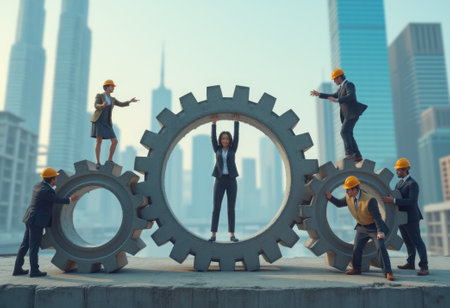 A group of workers in a city square assembling enormous gears, symbolizing teamwork and collaboration in industrial and urban development.の素材