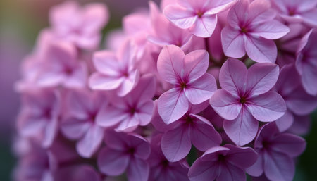 A detailed close-up of bright pink hydrangea flowers with delicate petals in full bloom.の素材