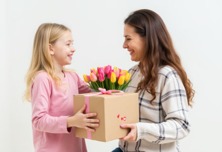 A smiling mother and daughter hold a box of fresh flowers together, symbolizing love, family bonding, and special moments. The image highlights the warmth of family relationships.の素材