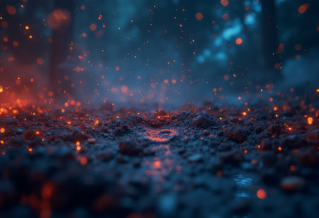 A dramatic close-up of raindrops splashing into a dark puddle, creating ripples and reflections. The image captures the beauty and serenity of rain.の素材