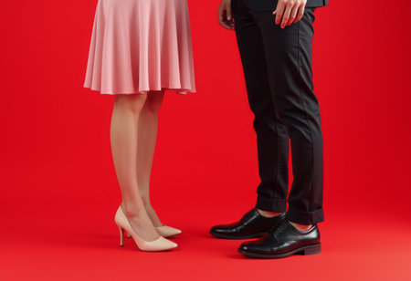 The legs of a couple, with the woman in a pink dress and high heels and the man in a suit, stand together against a red background, emphasizing fashion and romance.の素材