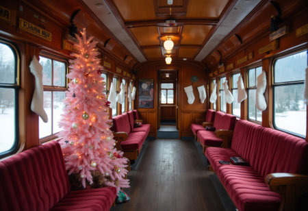 A beautifully decorated vintage train car with red seats and festive Christmas decorations, creating a warm holiday atmosphere. The image emphasizes travel, nostalgia, and holiday spirit.の素材