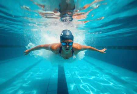 A swimmer glides underwater in a crystal-clear pool, showcasing swimming technique, fitness, and the beauty of water sports. The image emphasizes athleticism and the underwater environment.の素材