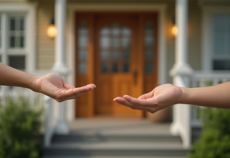 A pair of outstretched hands is shown in front of a home, symbolizing help, support, and community. The image emphasizes assistance, care, and the importance of offering aid.の素材