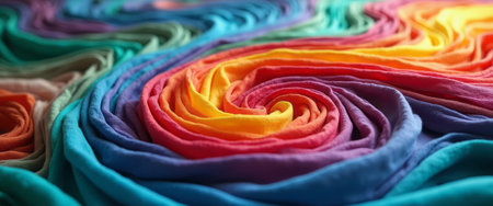 A close-up of vibrant and colorful fabric swirls arranged in a circular pattern, showcasing texture and design. The image highlights creativity, textiles, and artistic patterns.の素材