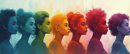 A creative artistic image of multiple profiles of women in vibrant colors, showcasing diversity, beauty, and expression. The image highlights individuality and empowerment.の素材