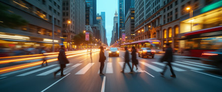 A group of people crossing a busy street with blurred lights of cars and city buildings around them, capturing the dynamic energy of city life at night. The image conveys movement, urban hustle, and nightlife.の素材