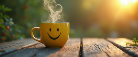 A yellow mug with a smiley face and steam rising from it, sitting on a wooden table outdoors at sunrise. The image evokes positivity, warmth, and a cheerful start to the day.の素材