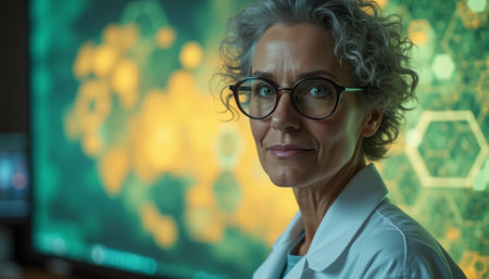 A senior female scientist with glasses and curly hair standing in a laboratory, wearing a lab coat and looking thoughtfully at a screen. The image evokes professionalism, research, and focus.の素材