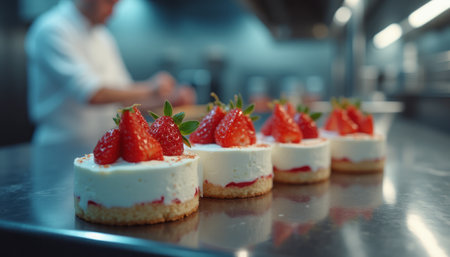 Delicious strawberry-topped dessert cakes neatly arranged on a kitchen counter, ready for serving. The image evokes sweetness, indulgence, and culinary perfection.の素材