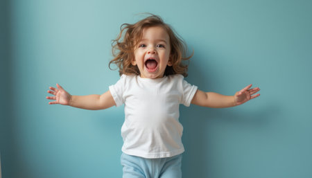 A curly-haired child excitedly standing against a teal wall with arms stretched wide, symbolizing joy, innocence, and enthusiasm. The image conveys happiness and playful energy.の素材