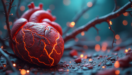 A close-up of a futuristic artificial heart with glowing veins and wires, symbolizing medical innovation, technology, and life sciences. The image conveys the intersection of health and advanced technology.の素材