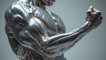 A highly detailed robotic arm flexing with glowing circuits running through it, symbolizing strength, technology, and artificial intelligence. The image conveys the power of modern robotics and advanced tech.の素材