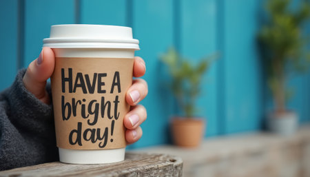 A close-up of a to-go coffee cup with the cheerful message Have a bright day! written on it, symbolizing positivity and morning vibes. The image conveys warmth and motivation.の素材