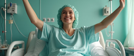 A cheerful woman sitting up in a hospital bed, smiling and raising her arms, showing joy and positivity.の素材