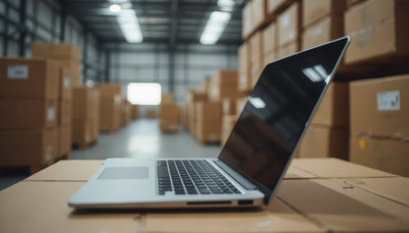 A laptop sitting on a wooden table in a warehouse full of cardboard boxes, symbolizing logistics and e-commerce.の素材