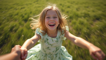 A cheerful little girl spinning around in a field while holding hands, filled with happiness and laughter on a bright day.の素材
