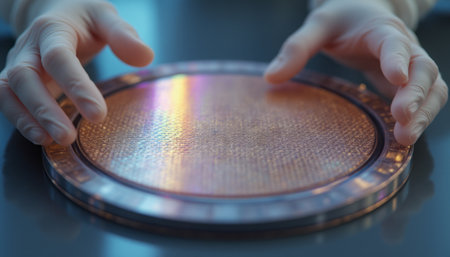 Close-up of hands holding a circular silicon wafer in a high-tech lab, symbolizing semiconductor technology and innovation.の素材