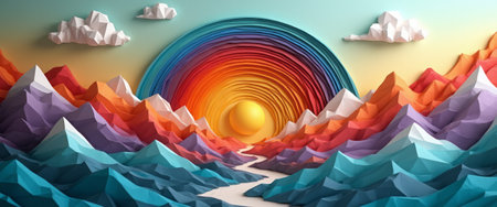 A vibrant paper-cut style artwork depicting colorful mountains with a sun rising in the background, showcasing creativity and art.の素材