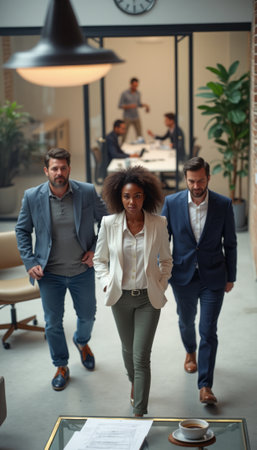 A confident business team walking through a spacious office, highlighting teamwork, corporate culture, and professionalism. The image represents leadership, collaboration, and success.の素材