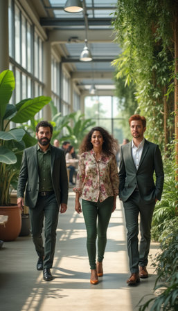 A group of businesspeople walking through a bright indoor space filled with plants, representing a modern and eco-conscious workplace. The image highlights collaboration, sustainability, and corporate culture.の素材
