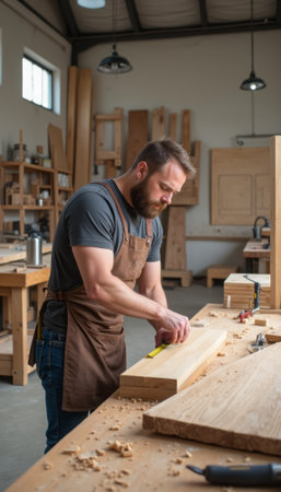 A carpenter focused on sanding a wooden plank in his workshop, surrounded by tools and materials, representing craftsmanship, woodworking, and skilled labor. The image emphasizes hands-on work and dedication to craftsmanship.の素材