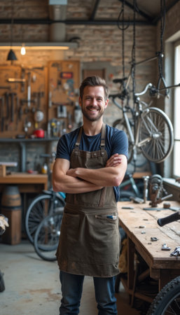 A confident bicycle repair shop owner standing proudly in his workshop, surrounded by tools and bikes, representing small business, craftsmanship, and entrepreneurship. The image emphasizes confidence and professional skills.の素材