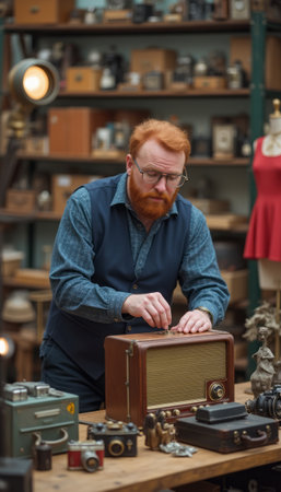 A man repairing a vintage radio in a workshop filled with old cameras and vintage electronics, representing restoration, craftsmanship, and nostalgia. The image emphasizes attention to detail and passion for antique items.の素材