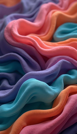 A close-up of an abstract fabric with bright, vibrant colors and soft, flowing folds, representing texture, design, and artistic creativity. The image emphasizes the tactile quality and rich color contrasts.の素材