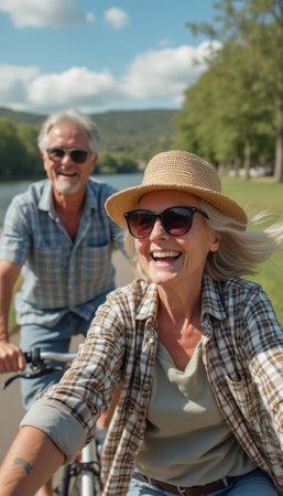 An elderly couple joyfully riding bicycles together on a sunny day, enjoying the outdoors. The image conveys happiness, vitality, and an active lifestyle in older age.の素材