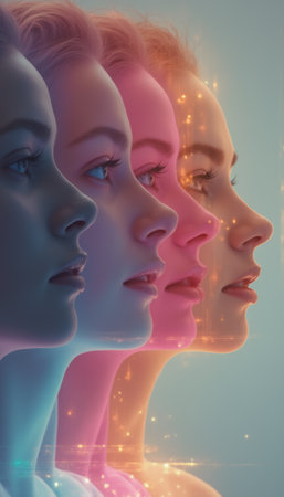 Multiple profile faces are layered with a colorful digital overlay representing connection and technology. The image conveys innovation, human interaction, and futuristic concepts.の素材
