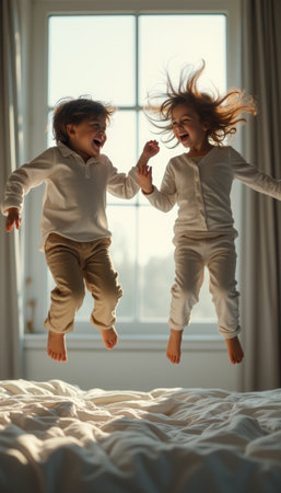 Two kids happily jumping on a bed in a bright room, symbolizing joy, fun, and childhood energy. The image highlights playful moments and childhood happiness.の素材
