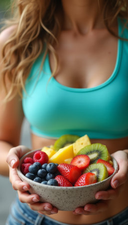 A woman wearing a sports bra holding a bowl of colorful fruits, promoting healthy eating and fitness. The image emphasizes wellness, nutrition, and an active lifestyle.の素材