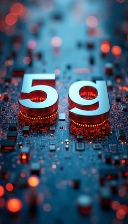 A futuristic close-up of the 5G symbol on a glowing circuit board, representing the advancement of high-speed technology. The image focuses on the modern digital landscape and connectivity.の素材